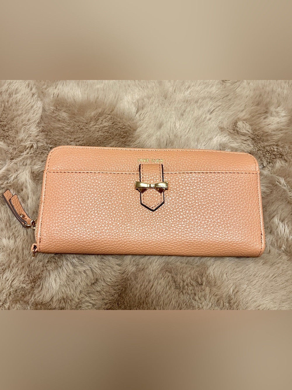 Coquette Cute Peach Pink Pebbled Leather Wallet with Gold Bow Hardware